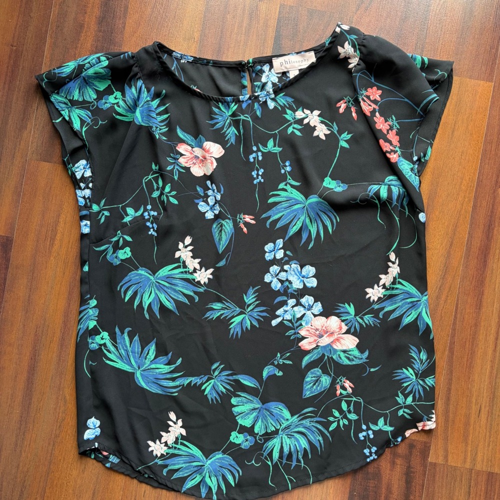 Philosophy Republic Clothing‎ Black Floral Flutter Sleeve Blouse Top Small